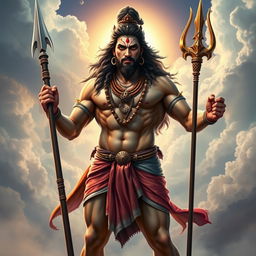 A strikingly realistic and muscular depiction of a divine figure that combines the features of Mahadev and Hanuman