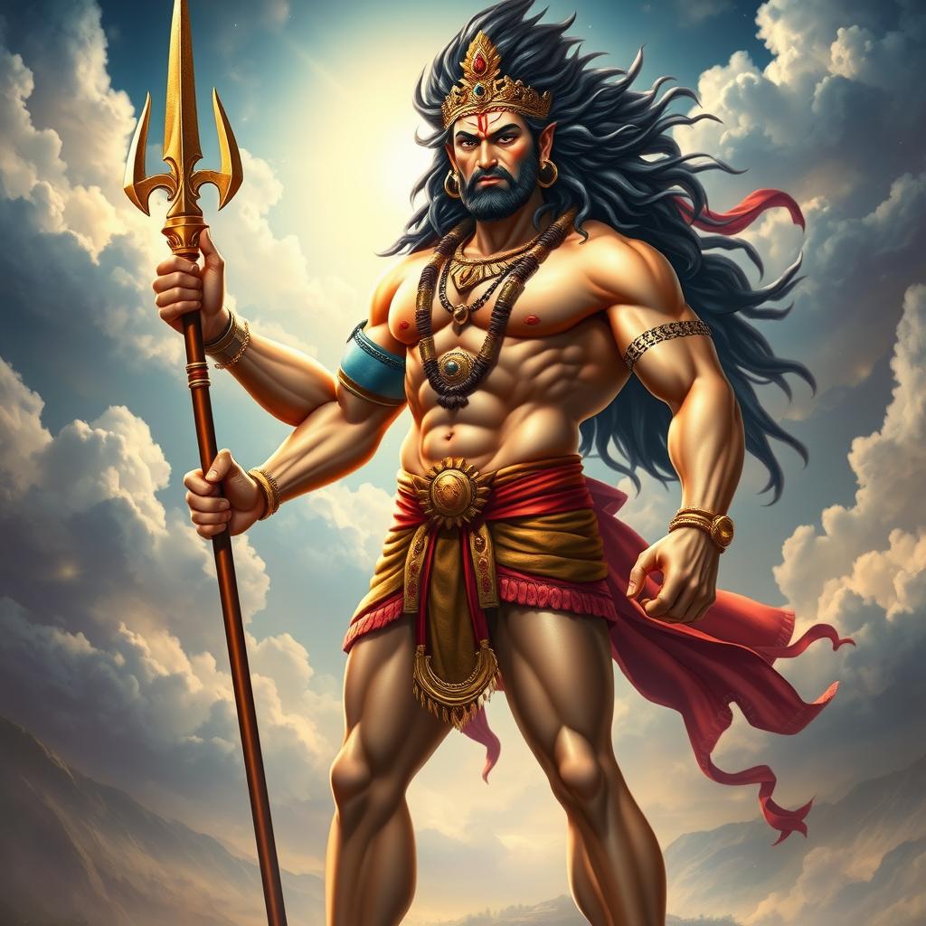 A strikingly realistic and muscular depiction of a divine figure that combines the features of Mahadev and Hanuman