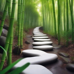 A hyper-realistic, high-quality photograph featuring a series of separate, flat, bright white stepping stones, descending down a mountain trail surrounded by a dense, green bamboo forest