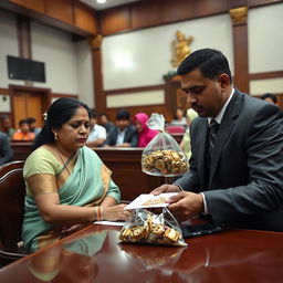 A somber Nepali couple sitting across from each other at a table in a courtroom, engaged in the process of signing divorce papers