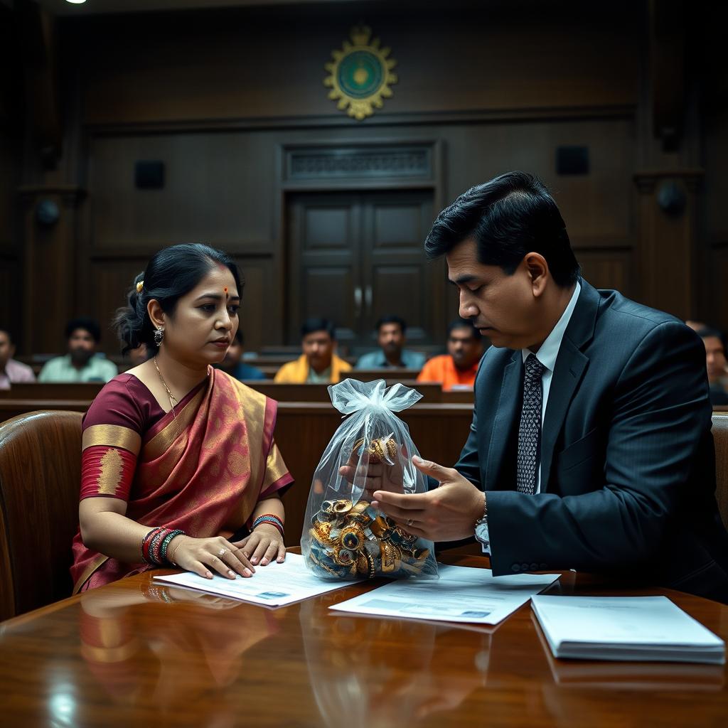 A somber Nepali couple sitting across from each other at a table in a courtroom, engaged in the process of signing divorce papers