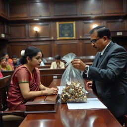 A somber Nepali couple sitting across from each other at a table in a courtroom, engaged in the process of signing divorce papers