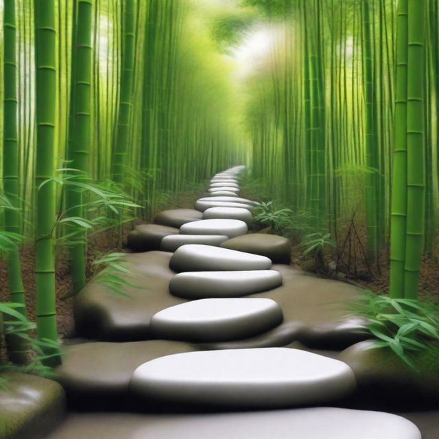 A hyper-realistic, high-quality photograph featuring a series of separate, flat, bright white stepping stones, descending down a mountain trail surrounded by a dense, green bamboo forest