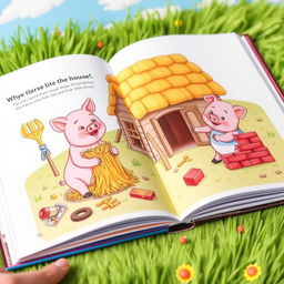 An open storybook displaying a colorful illustrated page depicting three little pigs actively building their houses