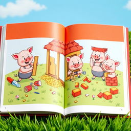 An open storybook displaying a colorful illustrated page depicting three little pigs actively building their houses