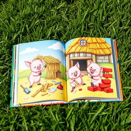 An open storybook displaying a colorful illustrated page depicting three little pigs actively building their houses