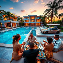 A luxurious lifestyle scene depicting a millionaire's extravagant life, featuring a stunning mansion with modern architecture, a sparkling swimming pool surrounded by palm trees, and a lavish garden