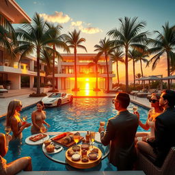A luxurious lifestyle scene depicting a millionaire's extravagant life, featuring a stunning mansion with modern architecture, a sparkling swimming pool surrounded by palm trees, and a lavish garden