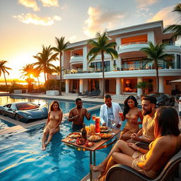 A luxurious lifestyle scene depicting a millionaire's extravagant life, featuring a stunning mansion with modern architecture, a sparkling swimming pool surrounded by palm trees, and a lavish garden