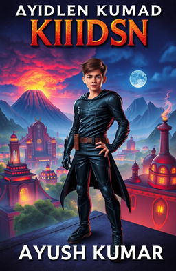 A striking book cover for a children's novel featuring a realistic-looking teenage superhero, aged 15 to 16, clad in a sleek black costume