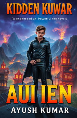 A striking book cover for a children's novel featuring a realistic-looking teenage superhero, aged 15 to 16, clad in a sleek black costume