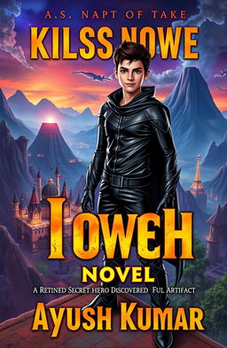 A striking book cover for a children's novel featuring a realistic-looking teenage superhero, aged 15 to 16, clad in a sleek black costume