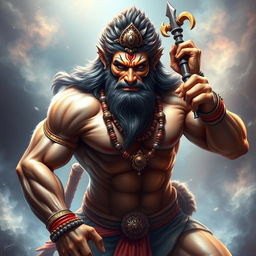 A highly realistic portrayal of Hanuman, the Hindu deity, depicted with an impressive muscular physique
