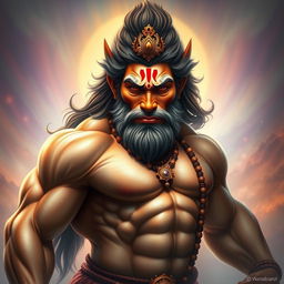 A highly realistic portrayal of Hanuman, the Hindu deity, depicted with an impressive muscular physique