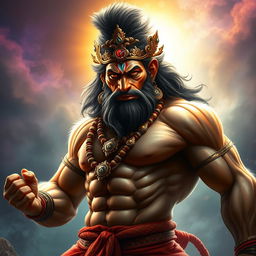 A highly realistic portrayal of Hanuman, the Hindu deity, depicted with an impressive muscular physique