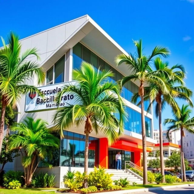 A modern tropical school building prominently featuring a sign that reads 'Escuela de Bachillerato de Marianao'