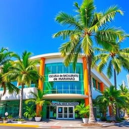 A modern tropical school building prominently featuring a sign that reads 'Escuela de Bachillerato de Marianao'