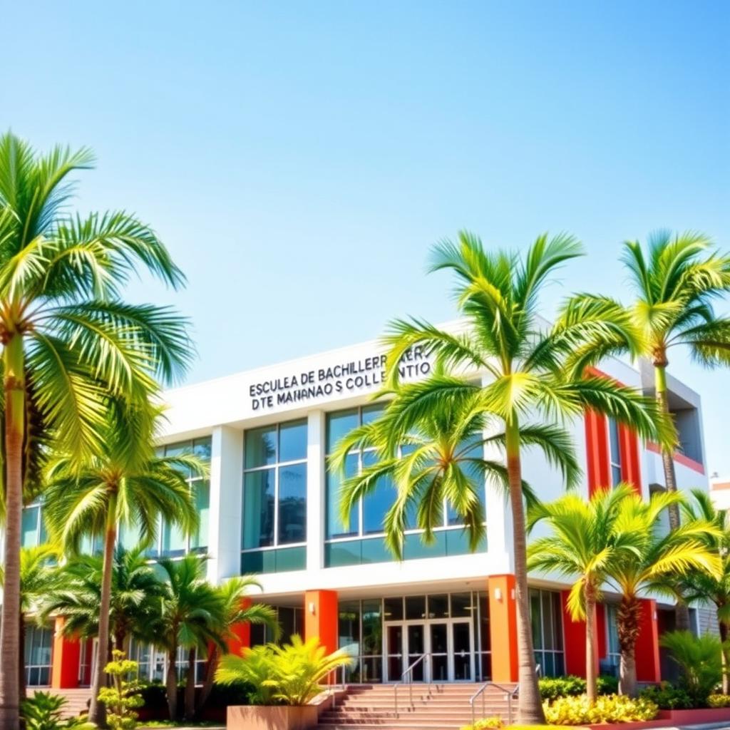 A modern tropical school building prominently featuring a sign that reads 'Escuela de Bachillerato de Marianao'