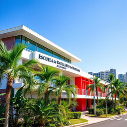 A modern tropical school building prominently featuring a sign that reads 'Escuela de Bachillerato de Marianao'