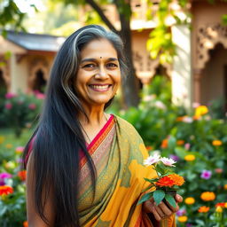 A portrait of a mature Indian woman, aged in her 50s, with long black hair streaked with gray, wearing a vibrant saree with intricate patterns, standing gracefully in a lush green garden filled with colorful flowers
