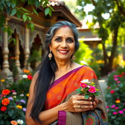 A portrait of a mature Indian woman, aged in her 50s, with long black hair streaked with gray, wearing a vibrant saree with intricate patterns, standing gracefully in a lush green garden filled with colorful flowers