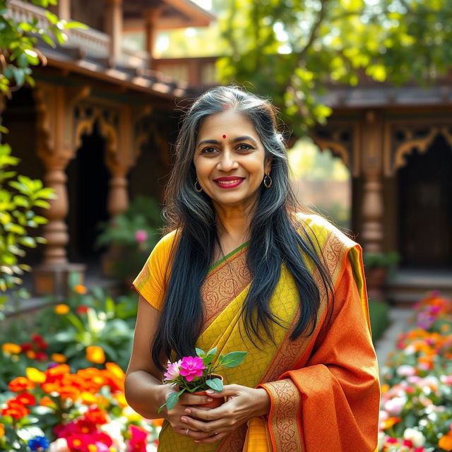 A portrait of a mature Indian woman, aged in her 50s, with long black hair streaked with gray, wearing a vibrant saree with intricate patterns, standing gracefully in a lush green garden filled with colorful flowers