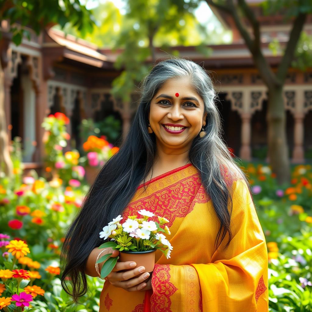 A portrait of a mature Indian woman, aged in her 50s, with long black hair streaked with gray, wearing a vibrant saree with intricate patterns, standing gracefully in a lush green garden filled with colorful flowers