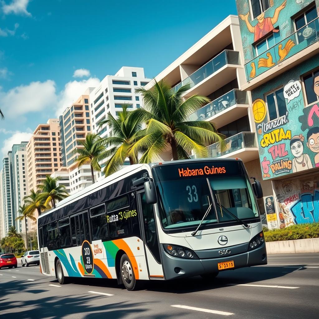 A modern bus labeled 'Ruta 33 Habana Güines' driving through a vibrant tropical city