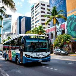 A modern bus labeled 'Ruta 33 Habana Güines' driving through a vibrant tropical city