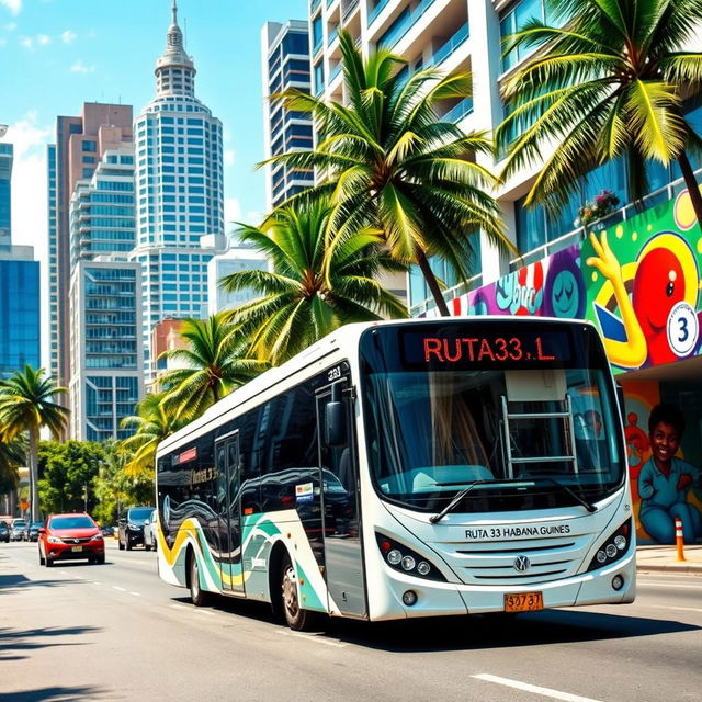 A modern bus labeled 'Ruta 33 Habana Güines' driving through a vibrant tropical city