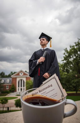 A graduate student standing proudly in a graduation gown, holding a diploma in one hand, reflecting on their bittersweet memories of the past four years