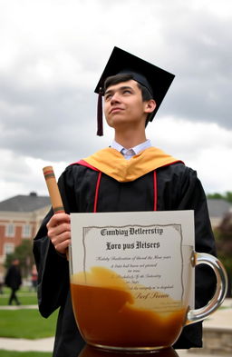 A graduate student standing proudly in a graduation gown, holding a diploma in one hand, reflecting on their bittersweet memories of the past four years