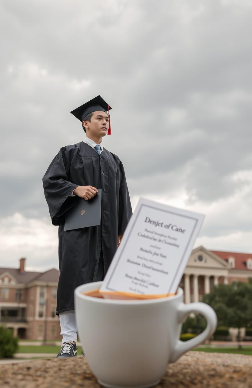A graduate student standing proudly in a graduation gown, holding a diploma in one hand, reflecting on their bittersweet memories of the past four years