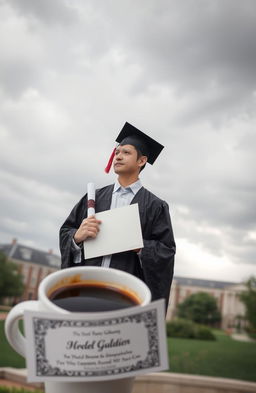 A graduate student standing proudly in a graduation gown, holding a diploma in one hand, reflecting on their bittersweet memories of the past four years