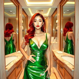 A Korean woman resembling Yunjin from Lesserafim, with vibrant red Fanta hair, stands confidently in a luxurious hotel suite bathroom