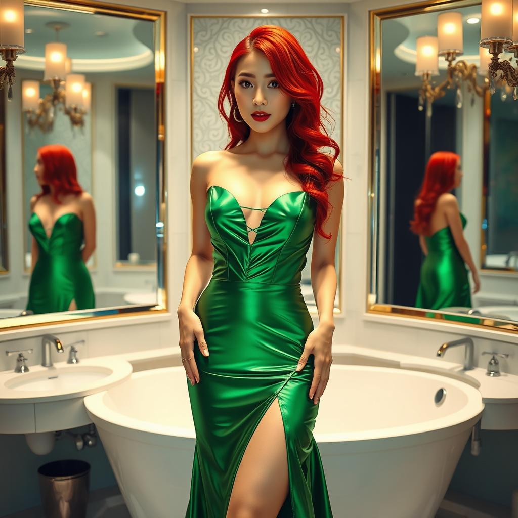 A Korean woman resembling Yunjin from Lesserafim, with vibrant red Fanta hair, stands confidently in a luxurious hotel suite bathroom