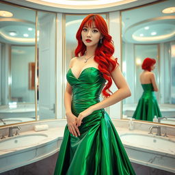 A Korean woman resembling Yunjin from Lesserafim, with vibrant red Fanta hair, stands confidently in a luxurious hotel suite bathroom