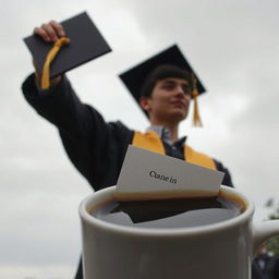 A graduation scene featuring a student holding their diploma, with a distant look in their eyes reflecting on their four-year journey