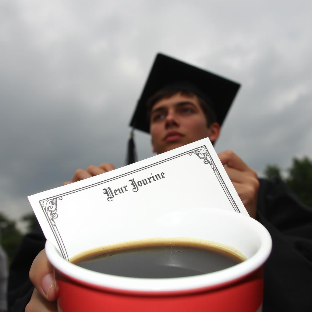 A graduation scene featuring a student holding their diploma, with a distant look in their eyes reflecting on their four-year journey