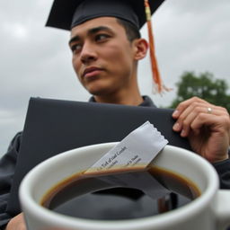 A graduation scene featuring a student holding their diploma, with a distant look in their eyes reflecting on their four-year journey
