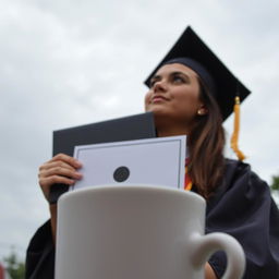 A graduation scene featuring a student holding their diploma, with a distant look in their eyes reflecting on their four-year journey