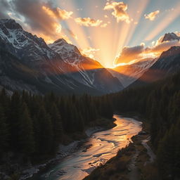 A visually stunning video scene featuring a majestic mountain landscape at sunrise