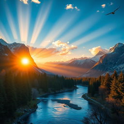 A visually stunning video scene featuring a majestic mountain landscape at sunrise