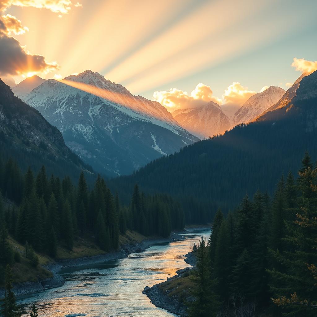A visually stunning video scene featuring a majestic mountain landscape at sunrise
