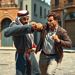 A dramatic scene featuring a Jordanian man, dressed in traditional attire, delivering a powerful punch to a German man who is wearing casual Western clothing
