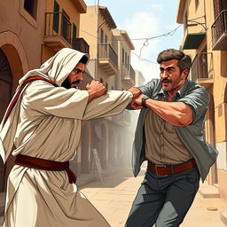 A dramatic scene featuring a Jordanian man, dressed in traditional attire, delivering a powerful punch to a German man who is wearing casual Western clothing