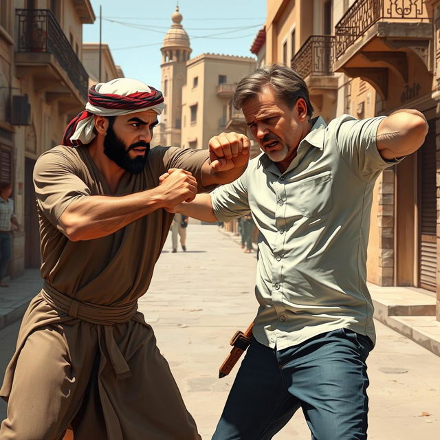 A dramatic scene featuring a Jordanian man, dressed in traditional attire, delivering a powerful punch to a German man who is wearing casual Western clothing