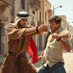 A dramatic scene featuring a Jordanian man, dressed in traditional attire, delivering a powerful punch to a German man who is wearing casual Western clothing