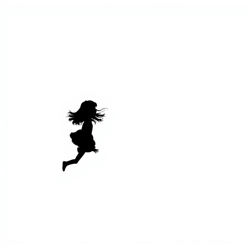 A tiny silhouette of a girl gracefully falling far away against a pure white background