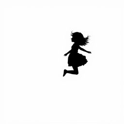 A tiny silhouette of a girl gracefully falling far away against a pure white background